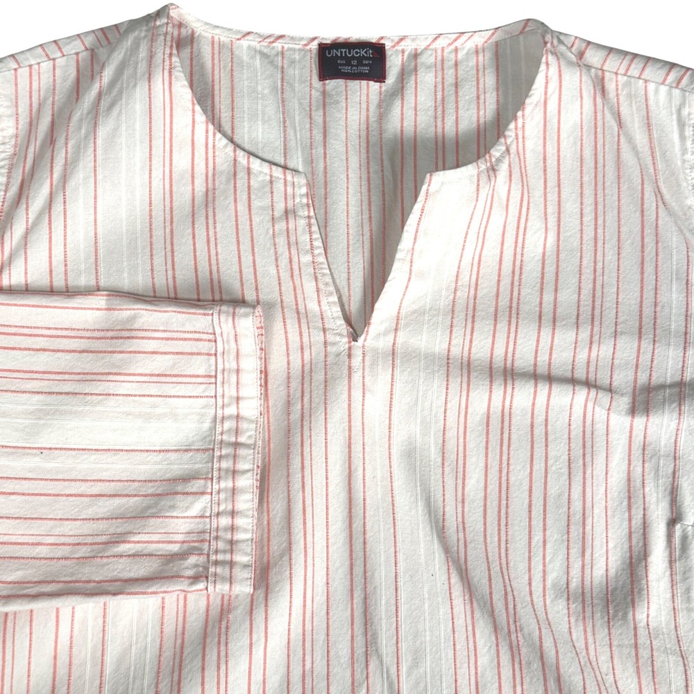 UNTUCKit Durfort Tunic‎ Top White Coral Striped Cotton Split Neck Womens 12